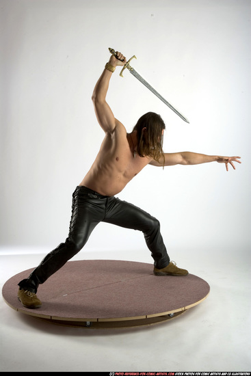 Man Adult Muscular White Fighting with sword Standing poses Pants