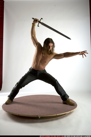 Man Adult Muscular White Fighting with sword Standing poses Pants