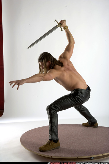 Man Adult Muscular White Fighting with sword Standing poses Pants