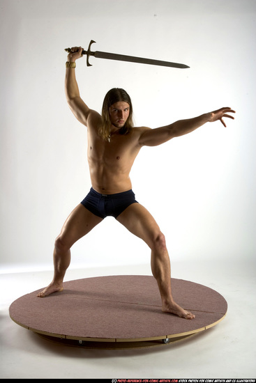 Man Adult Muscular White Fighting with sword Standing poses Underwear