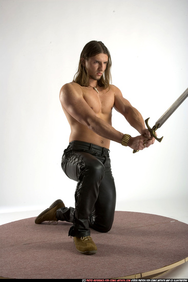 Man Adult Muscular White Fighting with sword Kneeling poses Pants