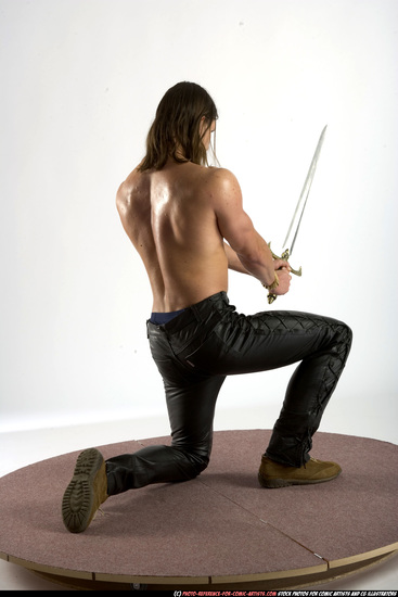 Man Adult Muscular White Fighting with sword Kneeling poses Pants