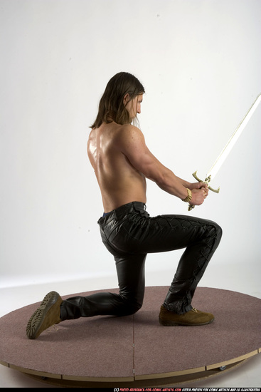 Man Adult Muscular White Fighting with sword Kneeling poses Pants