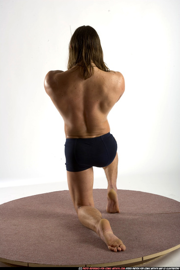 Man Adult Muscular White Fighting with sword Kneeling poses Underwear