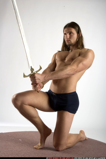 Man Adult Muscular White Fighting with sword Kneeling poses Underwear