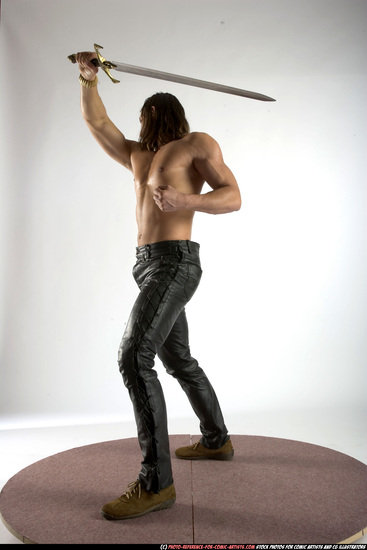 Man Adult Muscular White Fighting with sword Standing poses Pants