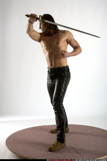 Man Adult Muscular White Fighting with sword Standing poses Pants