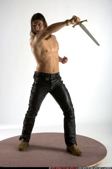 Man Adult Muscular White Fighting with sword Standing poses Pants