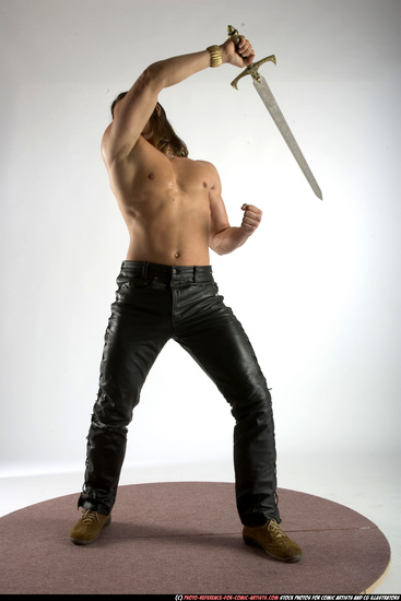 Man Adult Muscular White Fighting with sword Standing poses Pants