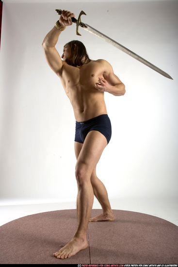 Man Adult Muscular White Fighting with sword Standing poses Underwear