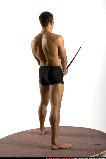 Man Adult Muscular White Fighting with sword Standing poses Underwear