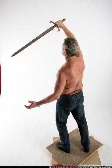 Man Old Chubby White Fighting with sword Standing poses Pants