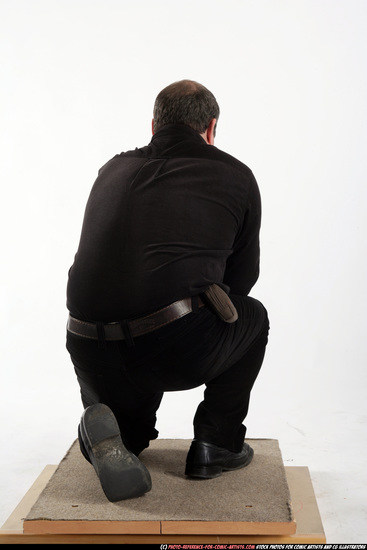 Man Old Chubby White Fighting with submachine gun Kneeling poses Casual