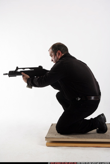 Man Old Chubby White Fighting with submachine gun Kneeling poses Casual