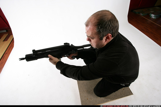 Man Old Chubby White Fighting with submachine gun Kneeling poses Casual