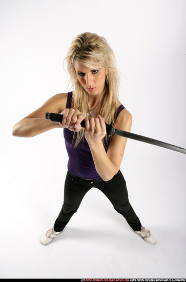 Woman Adult Athletic White Fighting with sword Standing poses Sportswear