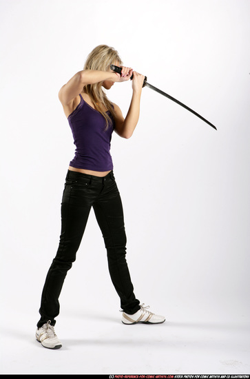 Woman Adult Athletic White Fighting with sword Standing poses Sportswear