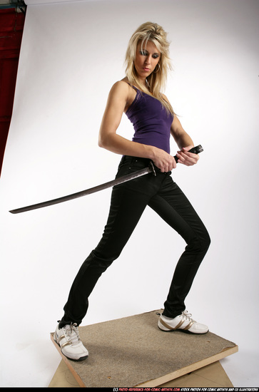 Woman Adult Athletic White Fighting with sword Standing poses Sportswear