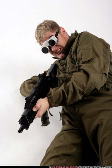 Man Adult Average White Fighting with submachine gun Laying poses Army