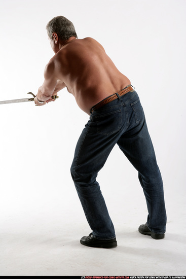 Man Old Chubby White Fighting with sword Standing poses Pants