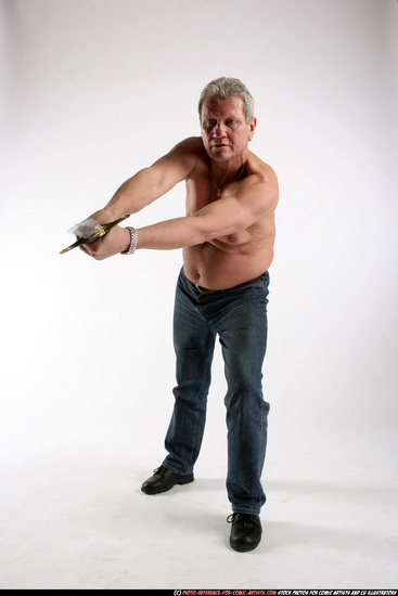 Man Old Chubby White Fighting with sword Standing poses Pants