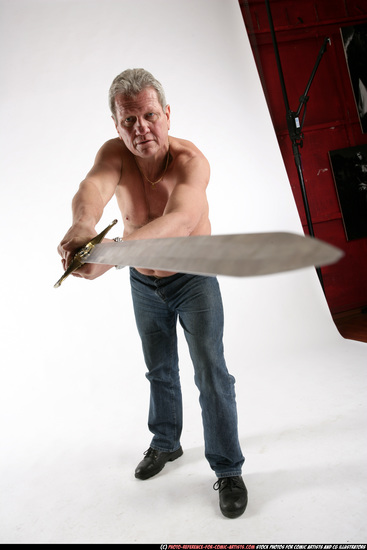 Man Old Chubby White Fighting with sword Standing poses Pants