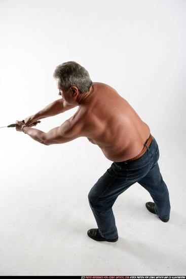 Man Old Chubby White Fighting with sword Standing poses Pants