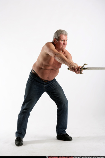 Man Old Chubby White Fighting with sword Standing poses Pants