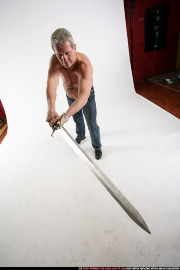 Man Old Chubby White Fighting with sword Standing poses Pants