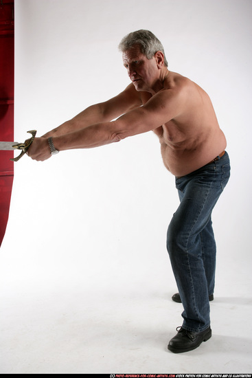 Man Old Chubby White Fighting with sword Standing poses Pants