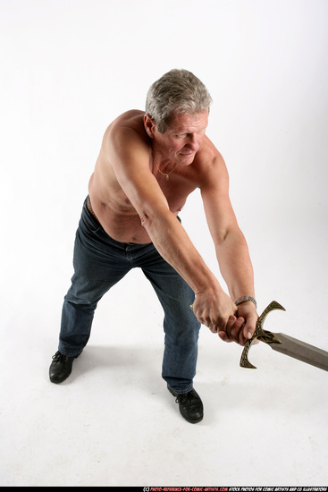 Man Old Chubby White Fighting with sword Standing poses Pants