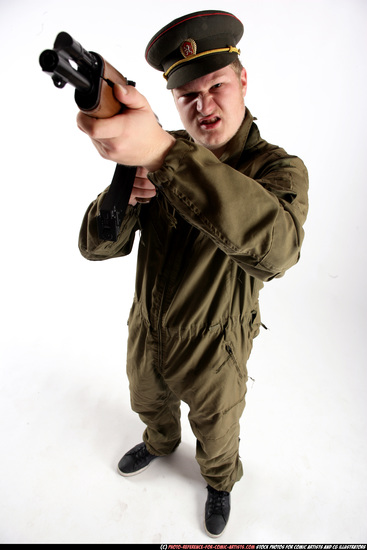 Man Young Average White Fighting with submachine gun Standing poses Army