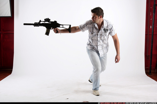 Man Adult Athletic White Fighting with submachine gun Moving poses Casual