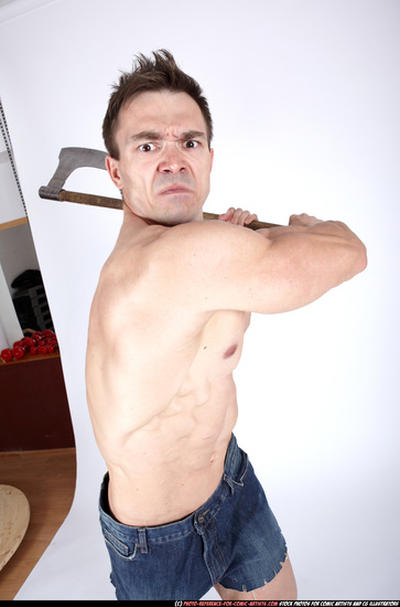 Man Adult Muscular White Fighting with sword Standing poses Underwear