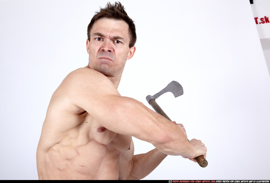 Man Adult Muscular White Fighting with sword Standing poses Underwear