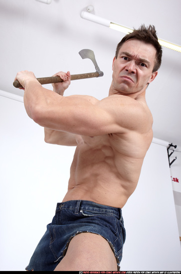 Man Adult Muscular White Fighting with sword Standing poses Underwear