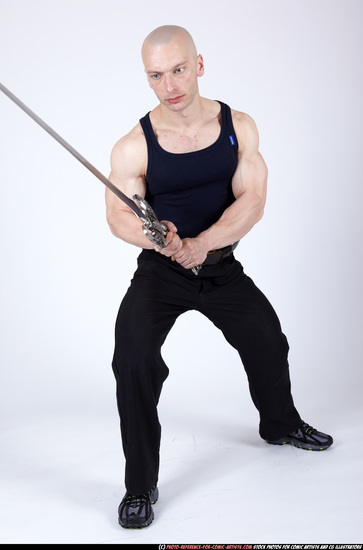 Man Adult Muscular White Fighting with sword Standing poses Sportswear