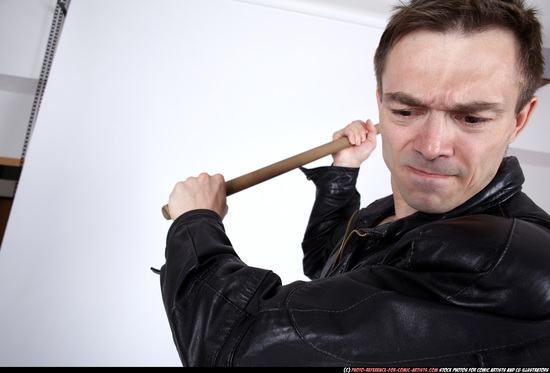 Man Adult Muscular White Fighting with spear Moving poses Underwear