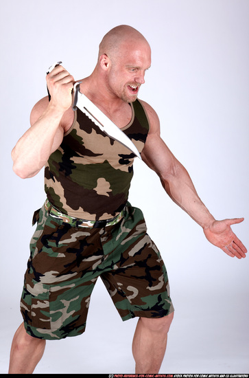 Man Adult Muscular White Fighting with knife Sitting poses Army