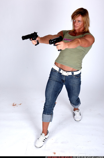 Woman Adult Muscular White Fighting with gun Sitting poses Sportswear