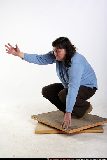 Woman Old Chubby White Martial art Kneeling poses Casual