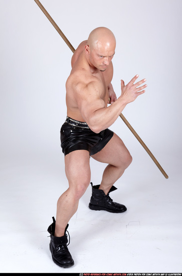 Man Adult Muscular White Fighting with spear Standing poses Underwear