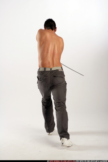 Man Adult Athletic White Fighting with sword Moving poses Pants