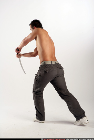 Man Adult Athletic White Fighting with sword Moving poses Pants