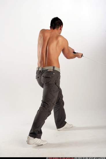 Man Adult Athletic White Fighting with sword Moving poses Pants