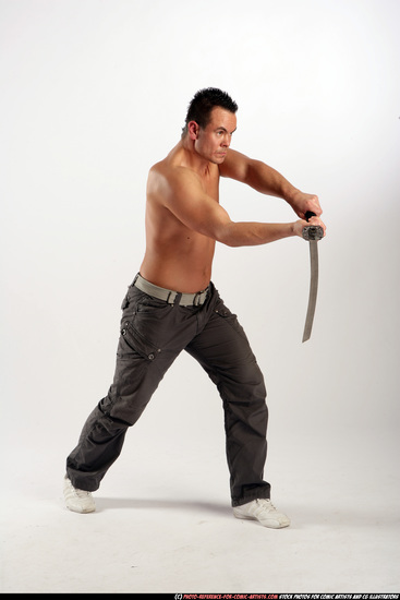 Man Adult Athletic White Fighting with sword Moving poses Pants