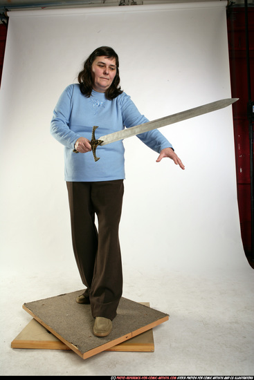 Woman Old Chubby White Fighting with sword Standing poses Casual