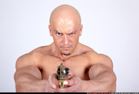 Man Adult Muscular White Fighting with gun Standing poses Underwear