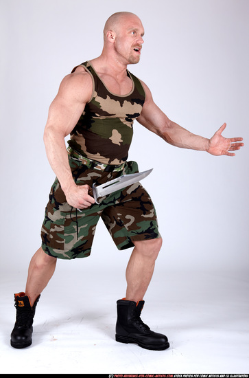 Man Adult Muscular White Fighting with knife Standing poses Army