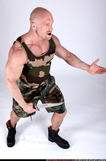 Man Adult Muscular White Fighting with knife Standing poses Army